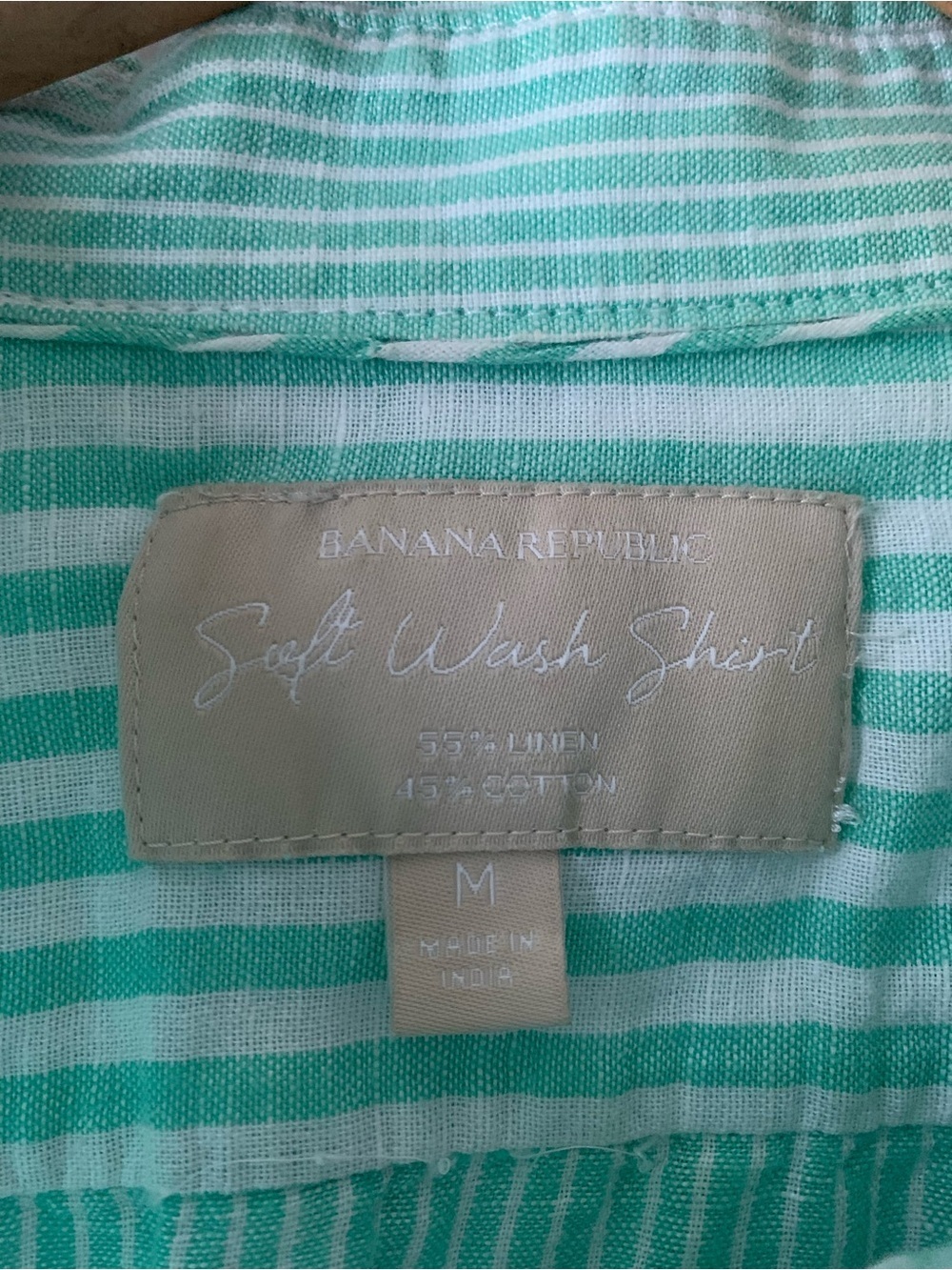 Banana Republic Soft Wash Linen Cotton Mint Green and White Pinstripe Shirt M - Picture 3 of 16